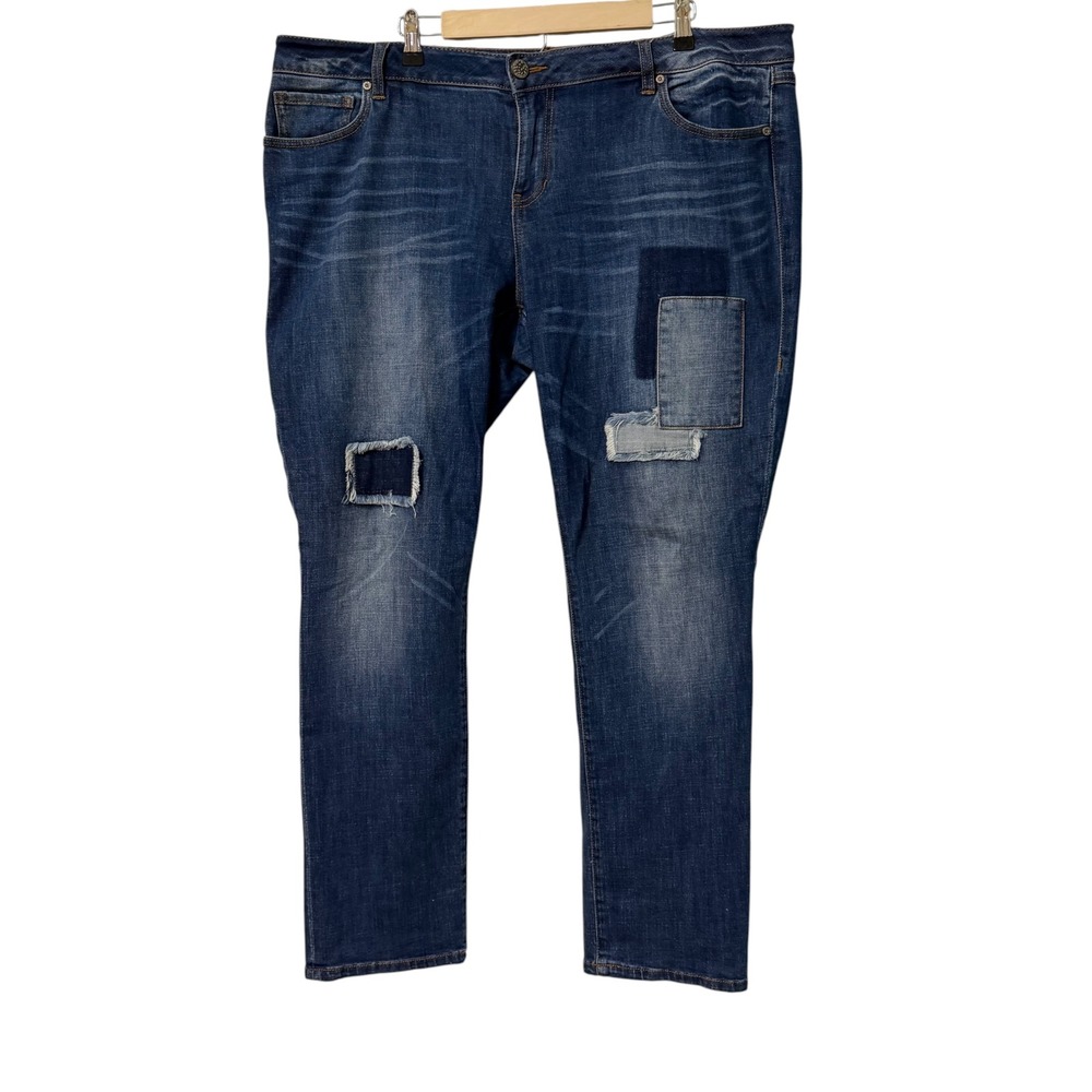 Cabi Slim Boyfriend Jeans Women 16 Blue Patchwork Distressed Boho Casual Eclecti